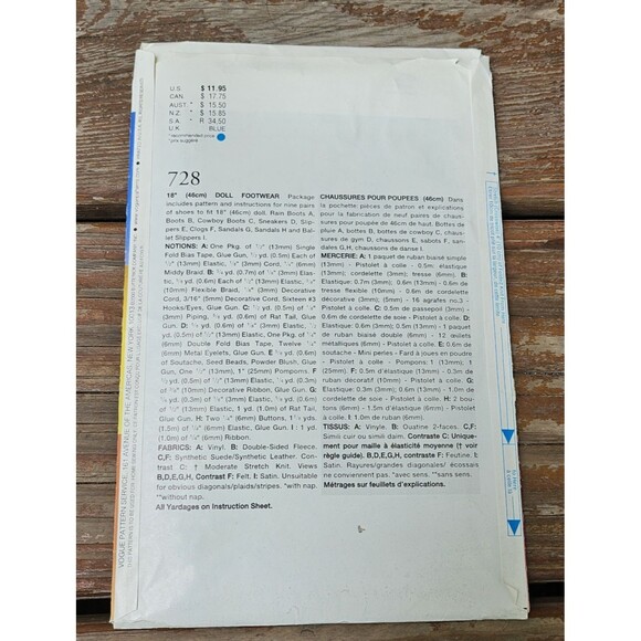 Uncut Vogue 18" Doll Cowboy Boots Sneakers Ballet Slippers Sandals Pattern 7329 - Picture 2 of 3